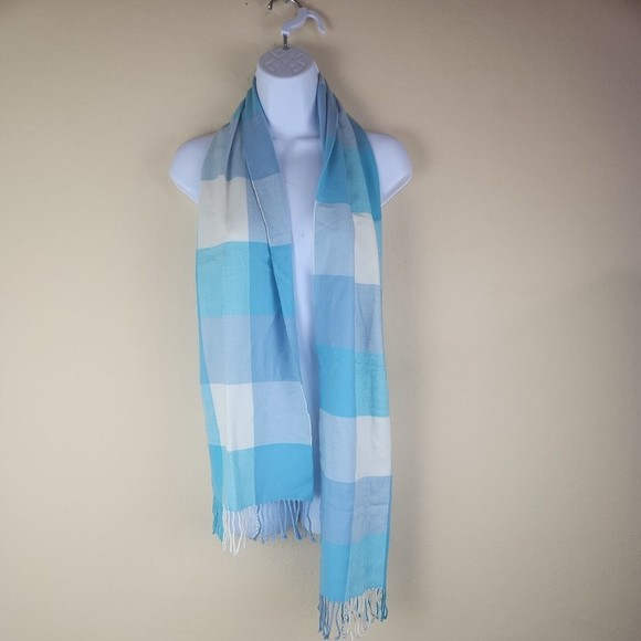 Womens Soft Cotton Scarf Baby Blue Plaid Fringe 12"×72" Feels Like Cashmere - Picture 1 of 4